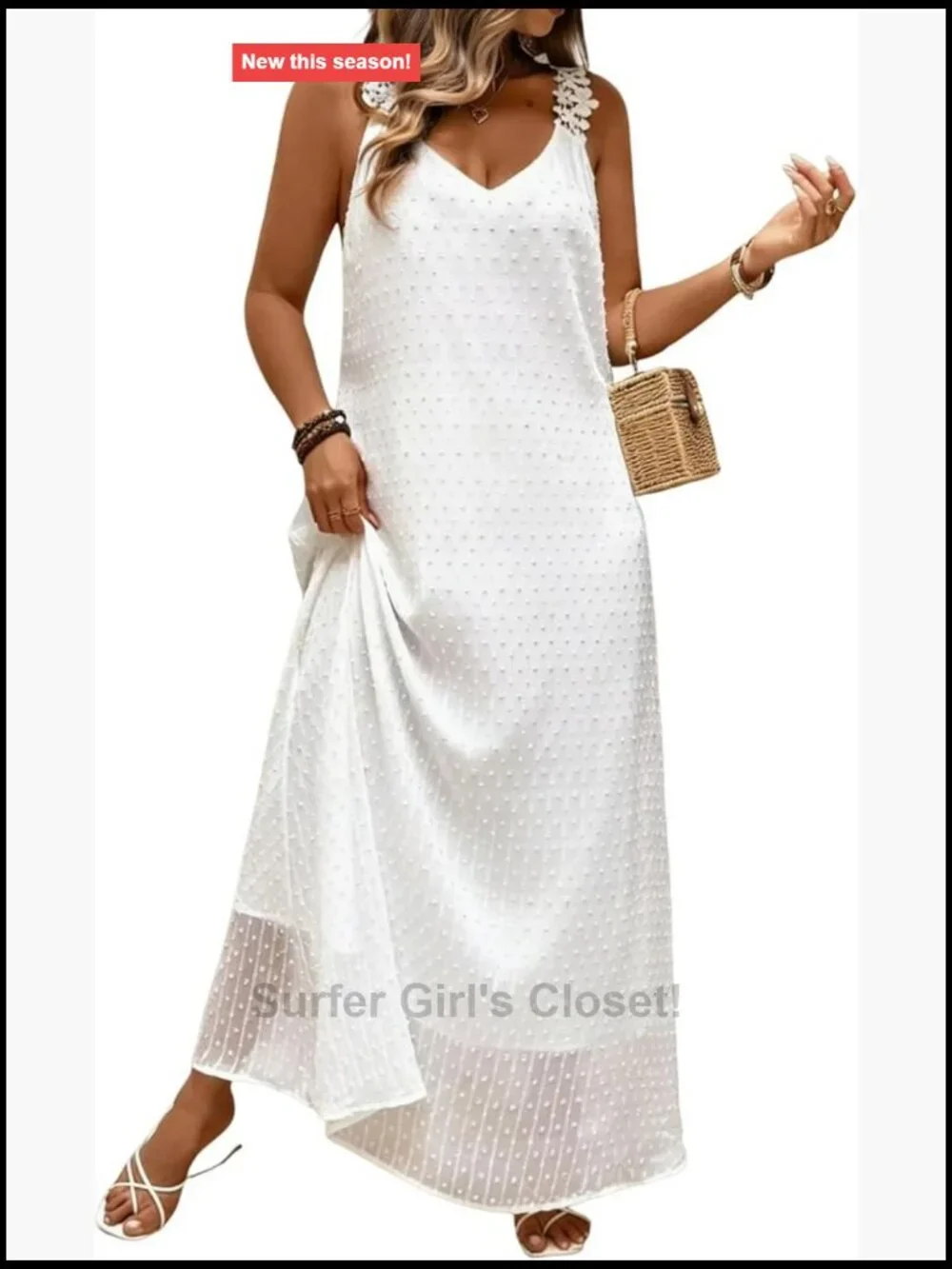 Women's Swiss Dot Lace Strap Maxi Dress Flowy V Neck Sleeveless Beach Vacation